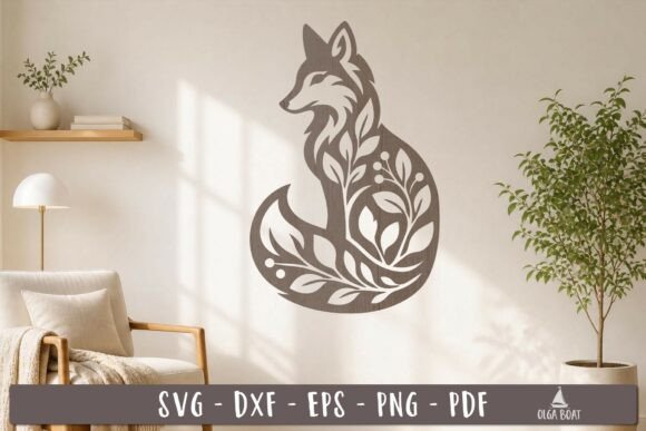 Elegant Floral Fox SVG Laser Cut Design for Wall Art